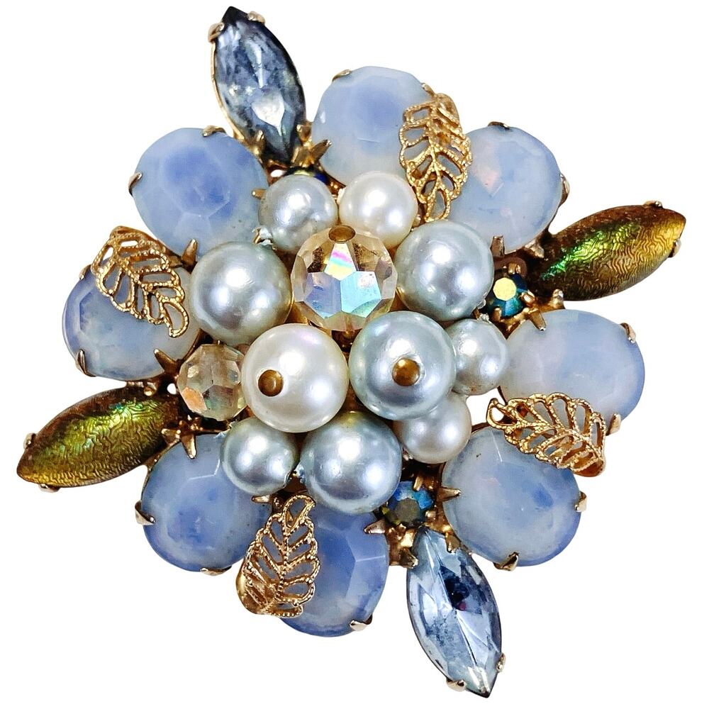 VTG Mid Century Brooch Blue Glass Faux Pearl Rhinestone Cluster Floral Pin 1960s